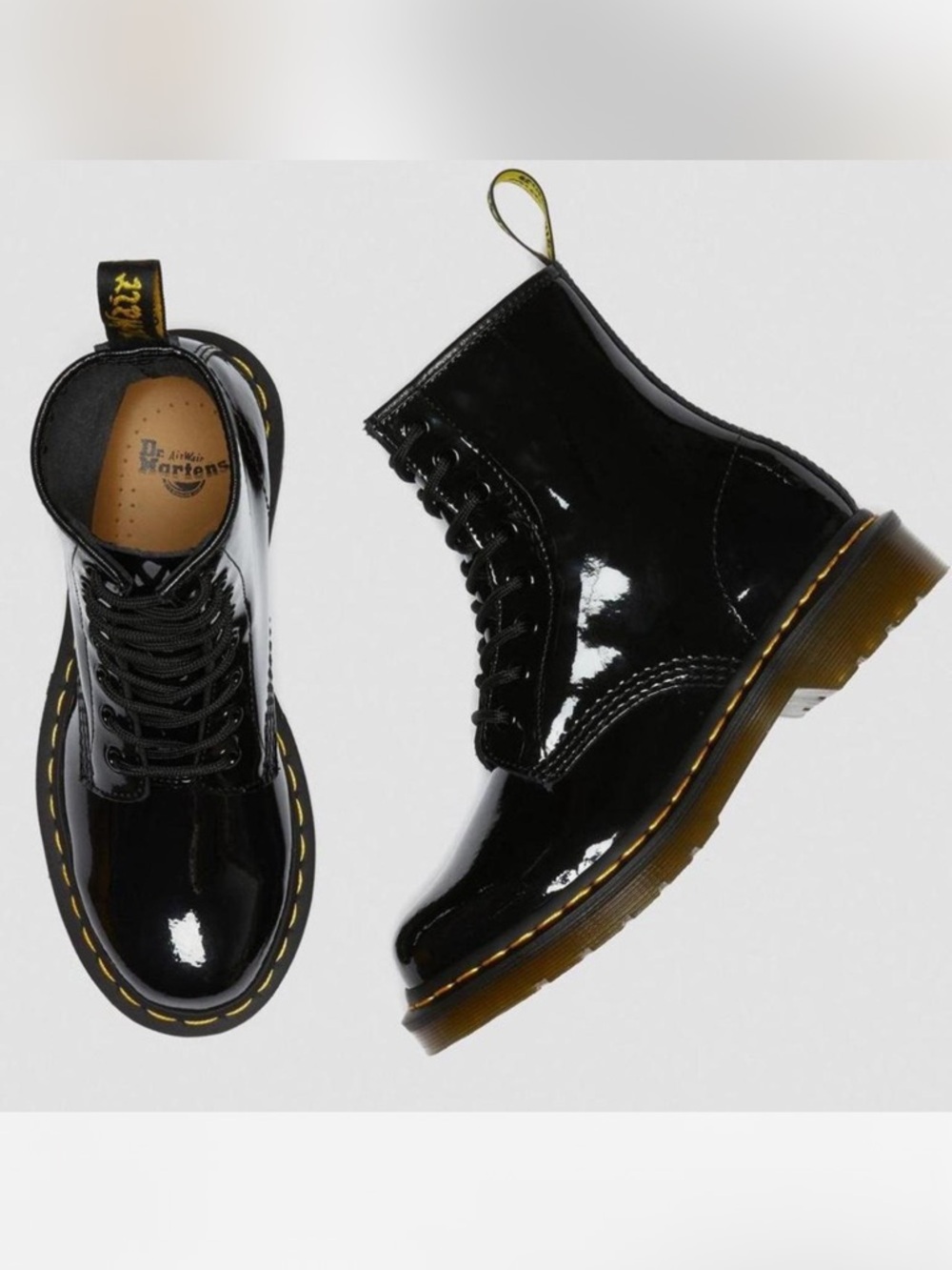 Dr. Martens Black Patent Leather 8-Eye Lace Boots with Yellow Stitching